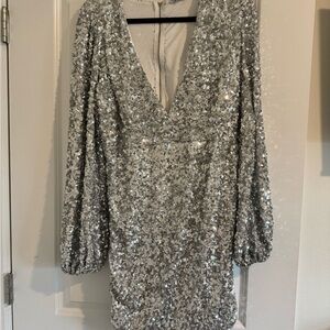 Fashion Nova Glittering Silver Long Sleeve Dress